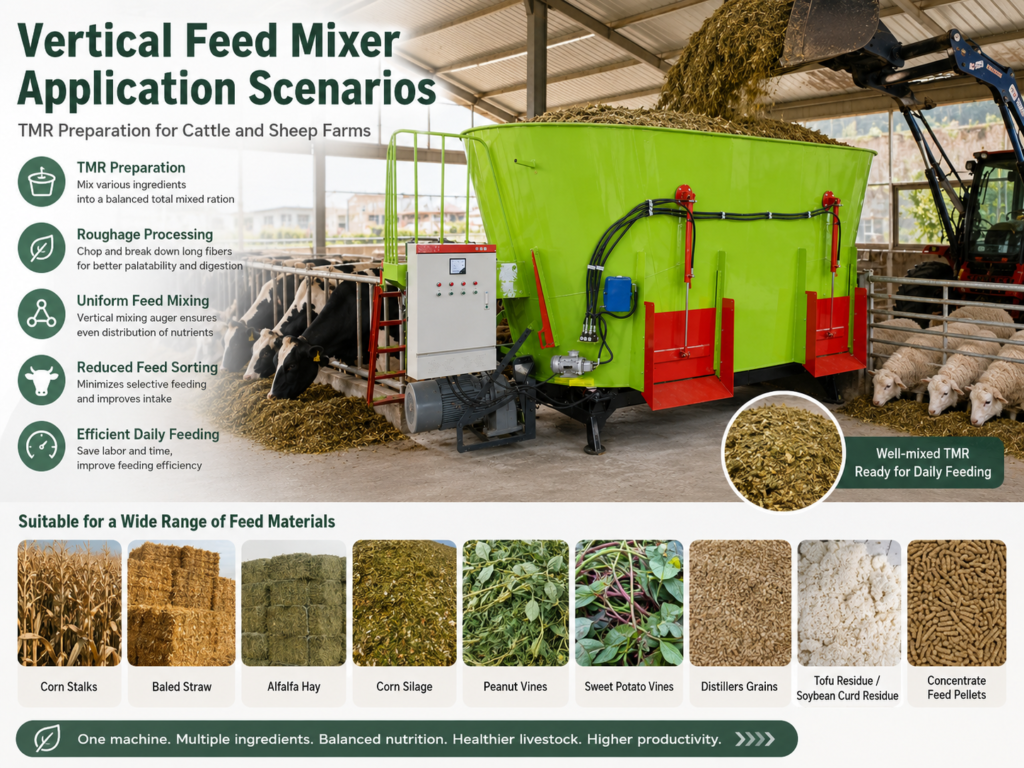 Vertical feed mixer used for TMR ration preparation on cattle and sheep farms