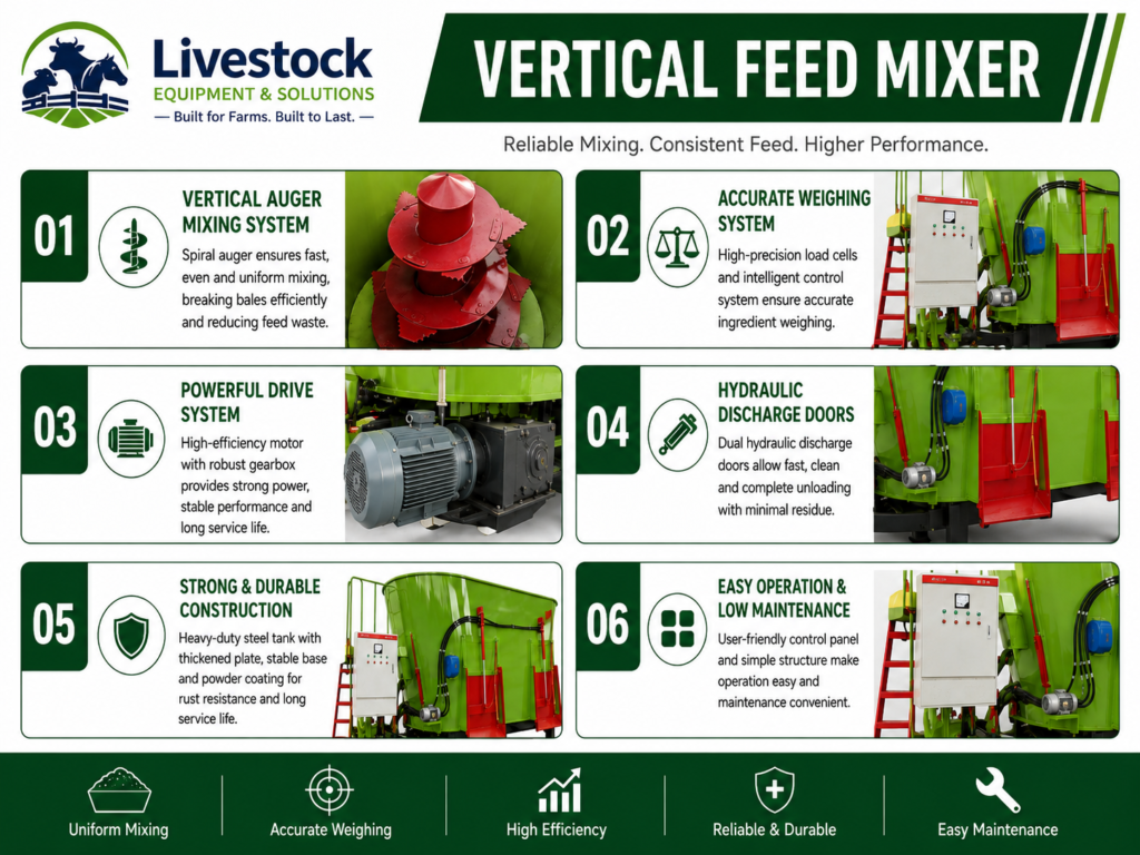 Vertical feed mixer features including tower auger reinforced body soft start cabinet hydraulic discharge and manganese steel knives