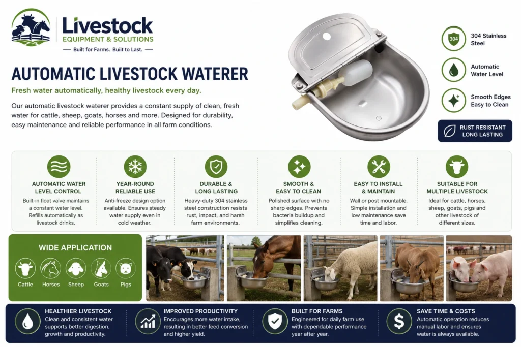 Automatic livestock waterer bowl features with float valve automatic refill filter and cover options