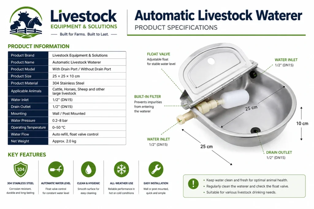 Automatic livestock waterer bowl specifications with 25 by 25 by 10 cm size 304 stainless steel and hose options