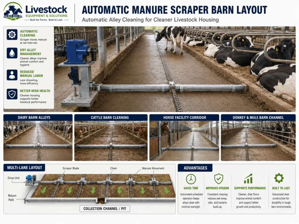Automatic manure scraper installed in cattle barn manure alley and livestock cleaning channel