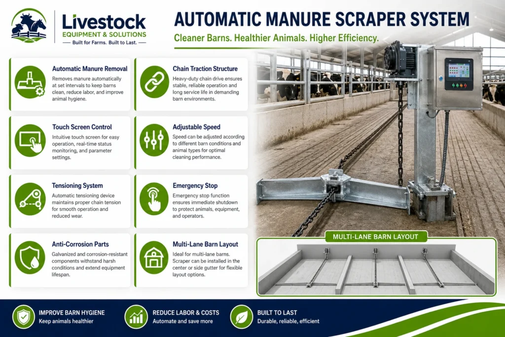 Automatic manure scraper features with touch screen control automatic memory alarm record and adjustable speed