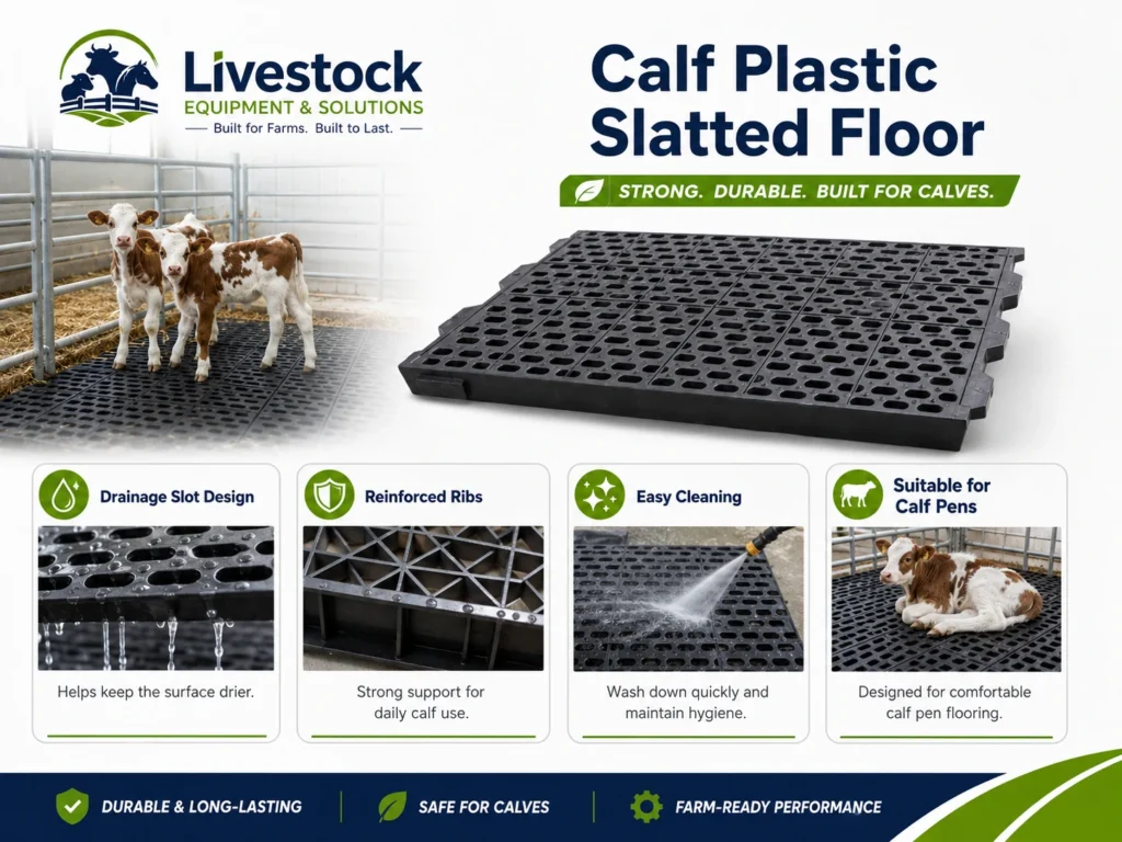 Calf plastic slatted floor feature infographic with reinforced drainage panel design