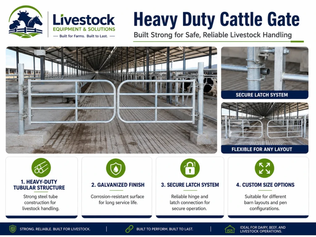 Heavy duty cattle gate feature infographic with galvanized tubular structure and secure latch