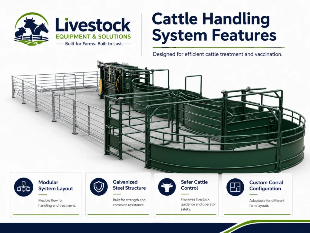 Cattle handling system feature infographic with modular layout and galvanized structure