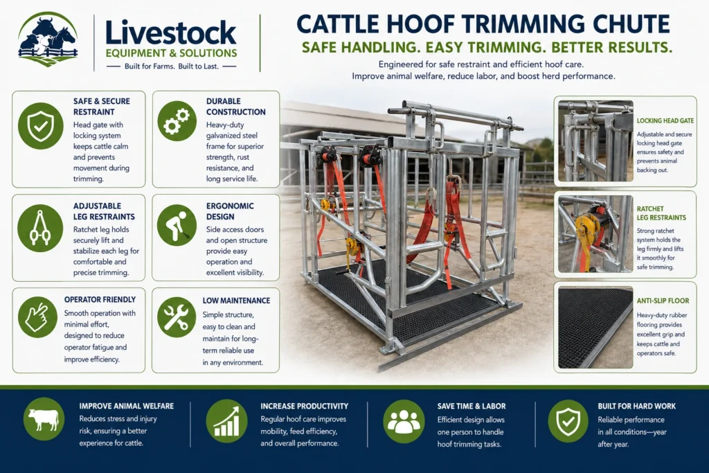 Cattle hoof trimming chute features with head gate anti-slip floor hoof support and reinforced frame
