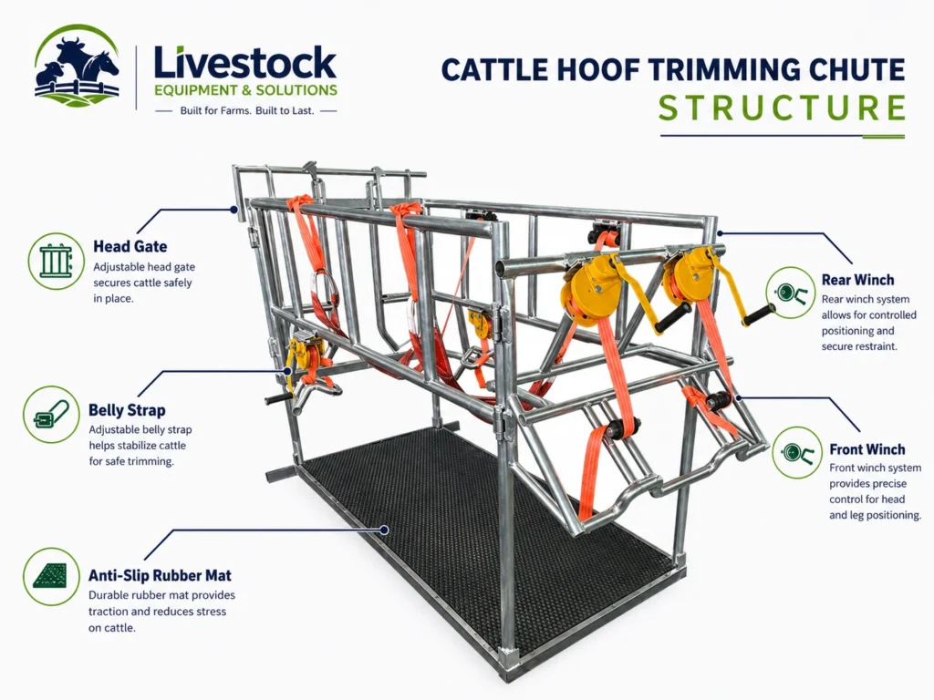 Cattle hoof trimming chute structure showing head gate waist belt front hoof support rear hoof winch and anti-slip floor