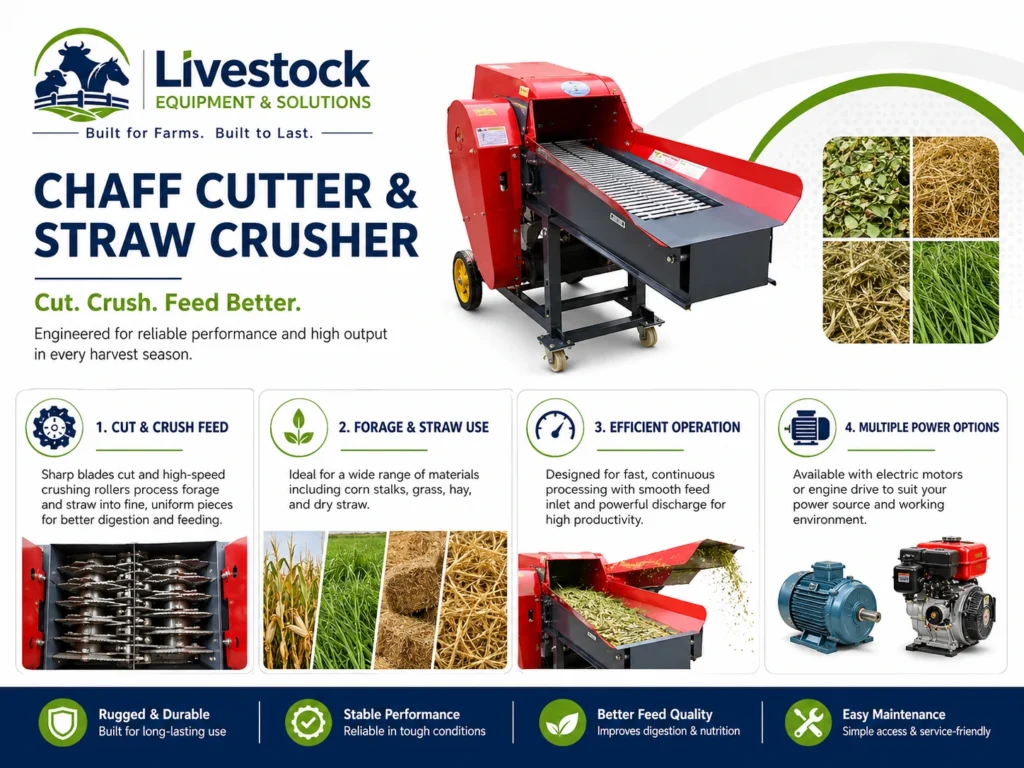 Chaff cutter and straw crusher machine feature infographic for forage and straw processing
