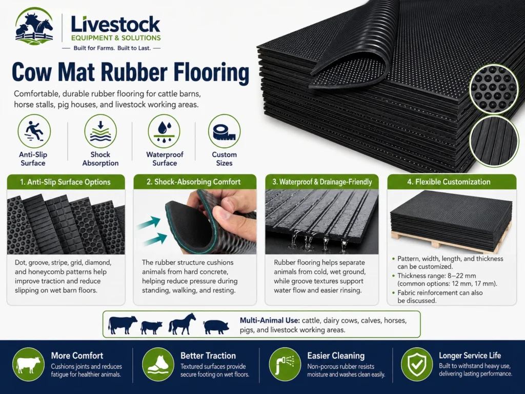 Cow mat features with anti-slip rubber surface shock absorption waterproof texture and custom thickness