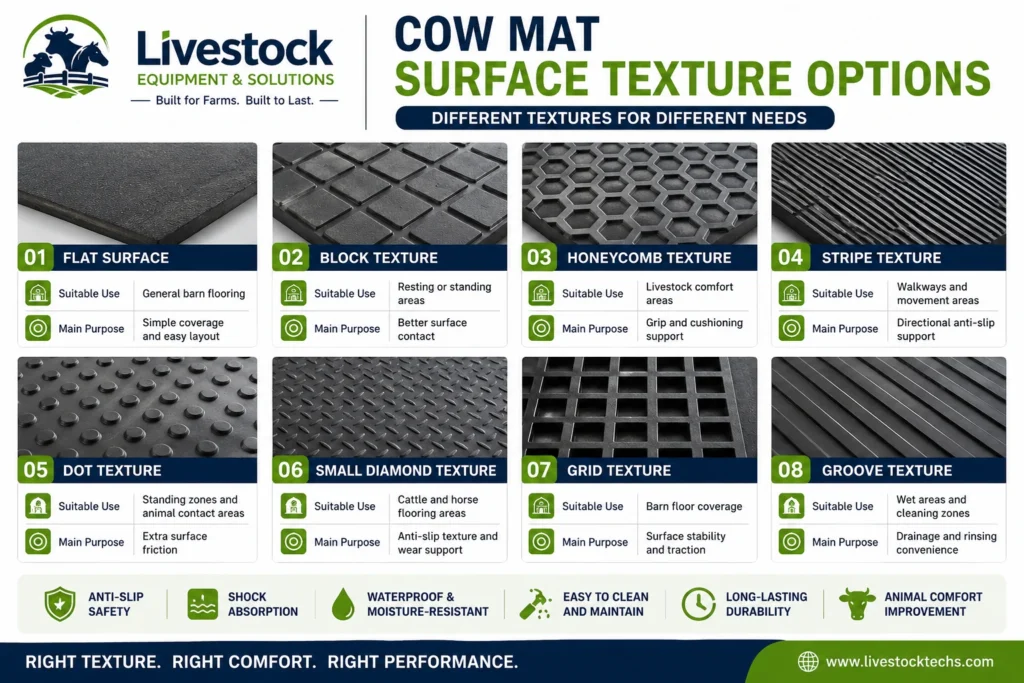 Cow mat surface texture options including groove dot diamond grid honeycomb and stripe patterns