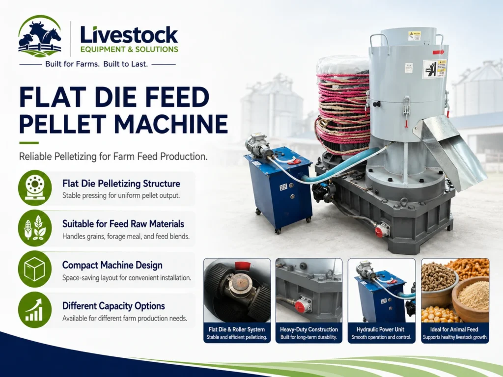 Flat die feed pellet machine feature infographic for livestock feed production