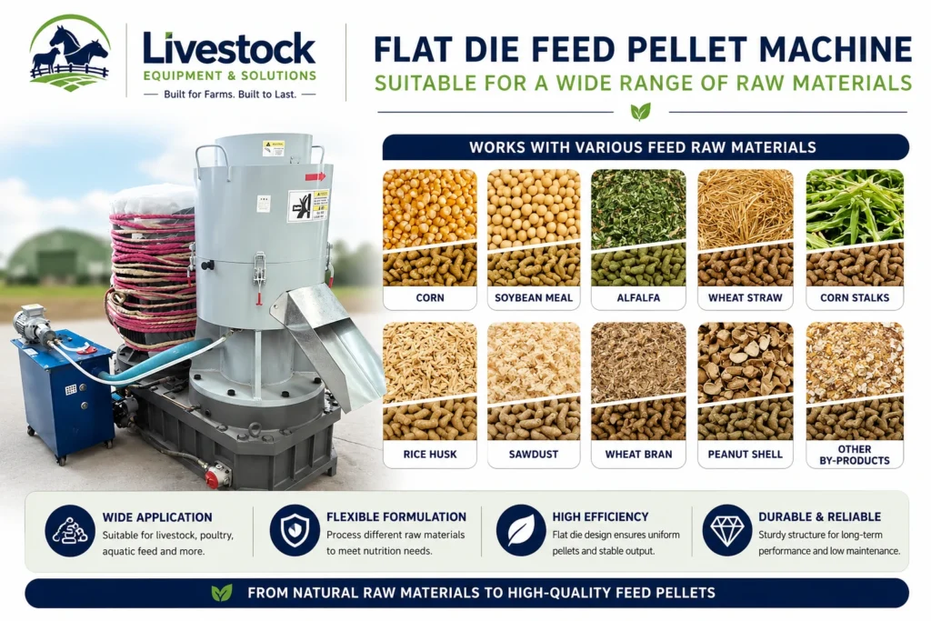 Flat die feed pellet machine with feed raw materials and finished pellets