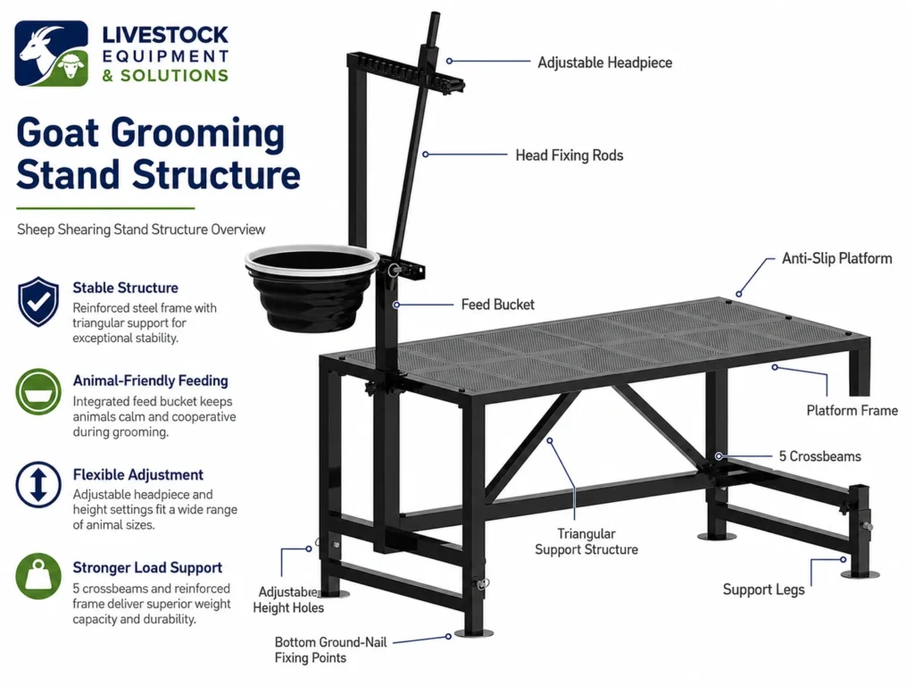Goat grooming stand structure showing adjustable headpiece feed bucket crossbeams anti-slip platform and support legs