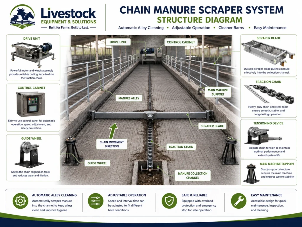 Chain manure scraper system structure showing drive unit control cabinet galvanized chain sprocket scraper blade and manure channel