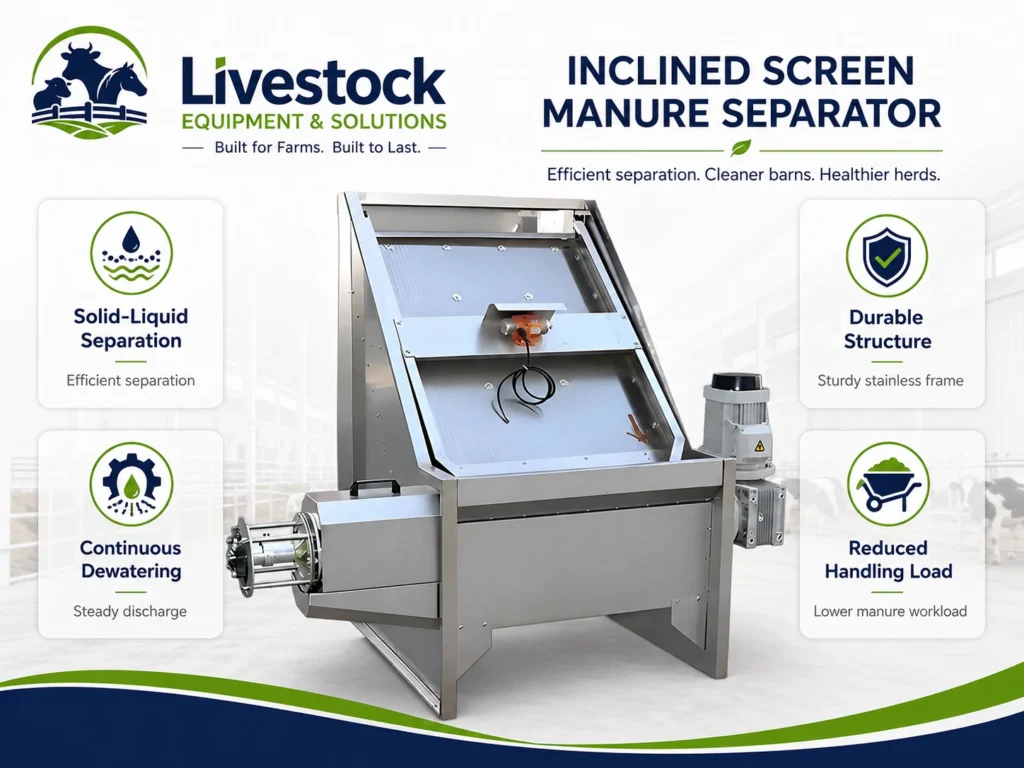 Inclined screen manure separator feature infographic for livestock manure dewatering
