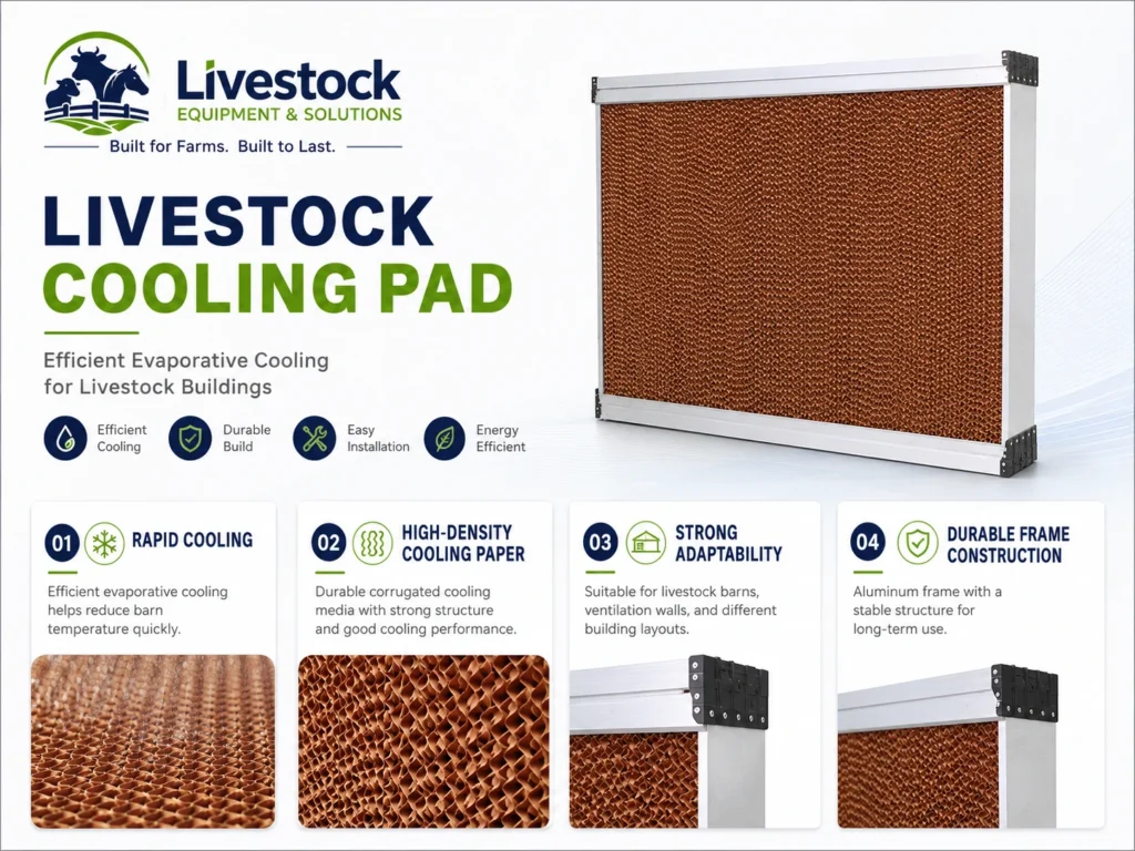 Livestock cooling pad features with fast evaporative cooling custom size frame options and density options