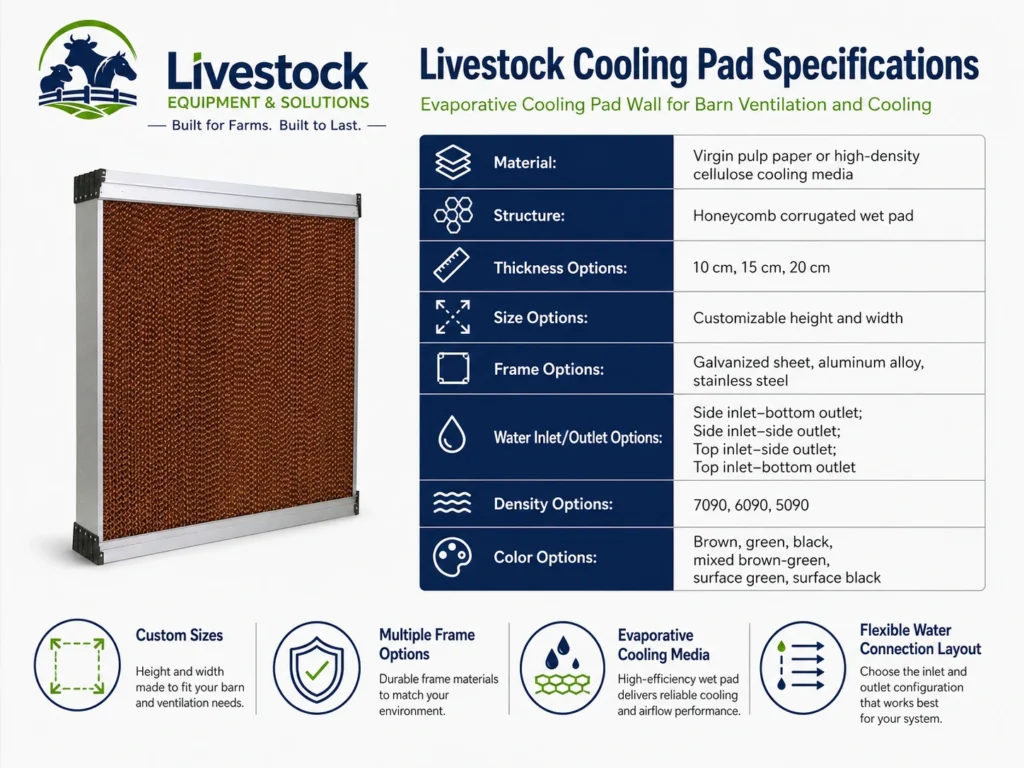 Livestock cooling pad specifications with 10 15 20 cm thickness frame options water inlet options and density types