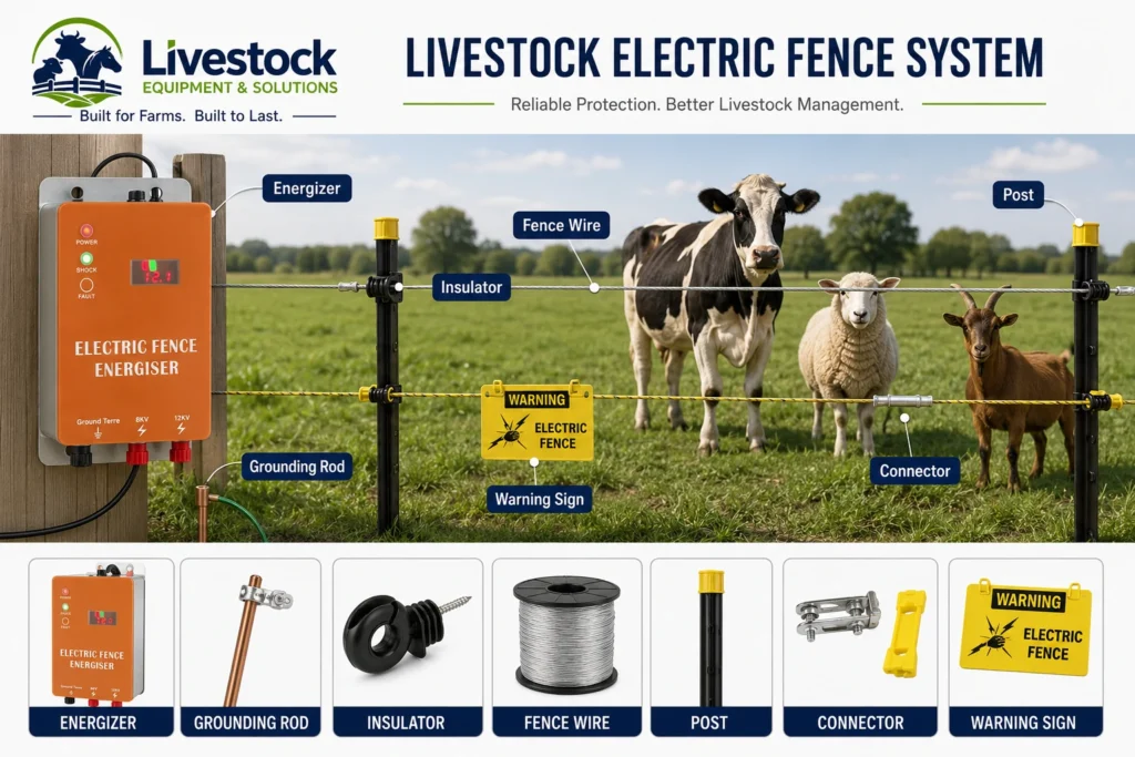Livestock electric fence system component diagram with energizer wire posts and insulators