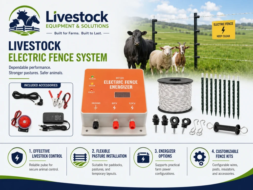 Livestock electric fence system feature infographic with energizer and pasture fence components