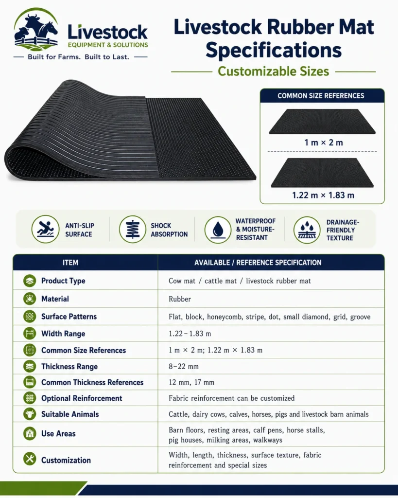 Livestock rubber mat specifications with 8 to 22 mm thickness custom width and multiple surface patterns