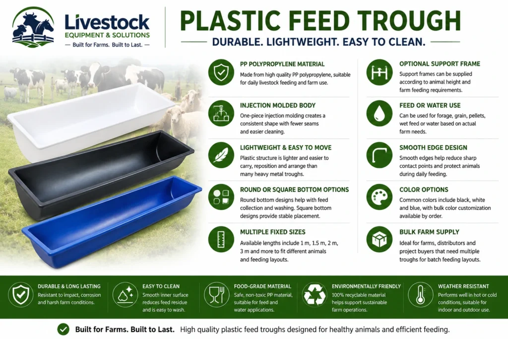 Plastic feed trough for cattle sheep and goats with PP molded body and multiple size options