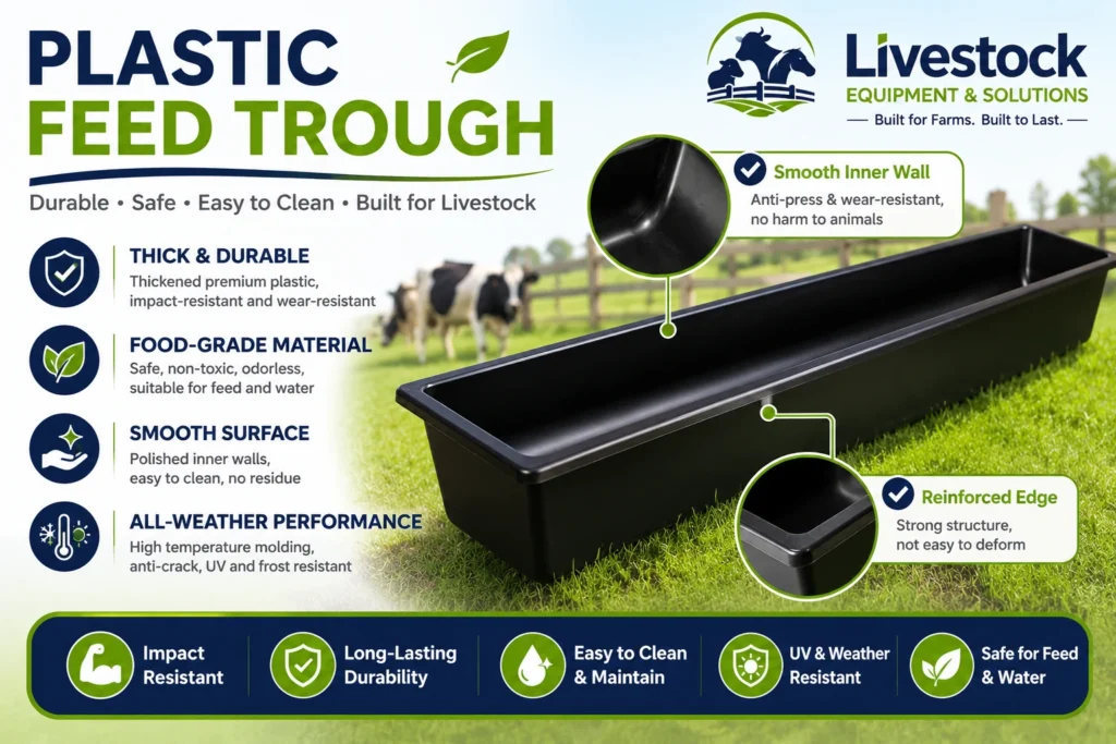 Plastic feed trough features with PP material molded body round or square bottom and support frame option