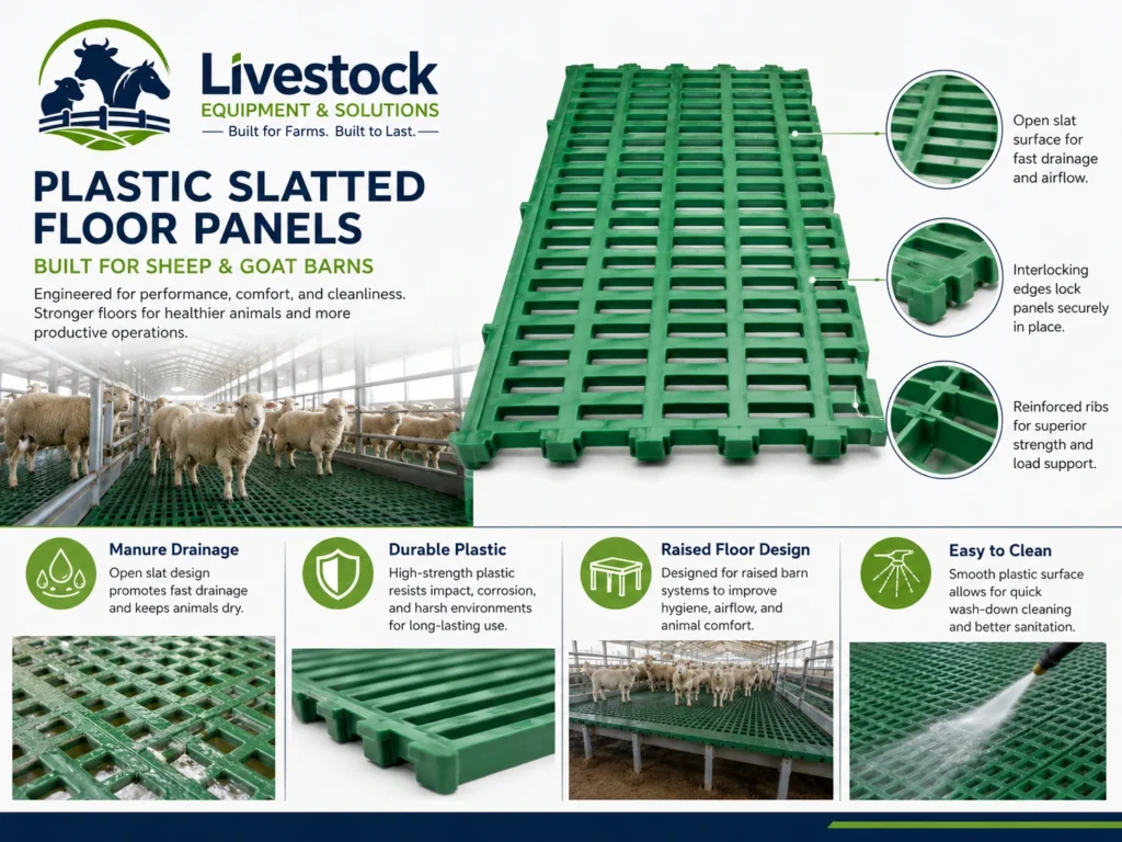 Plastic slatted floor feature infographic for sheep and goat barns