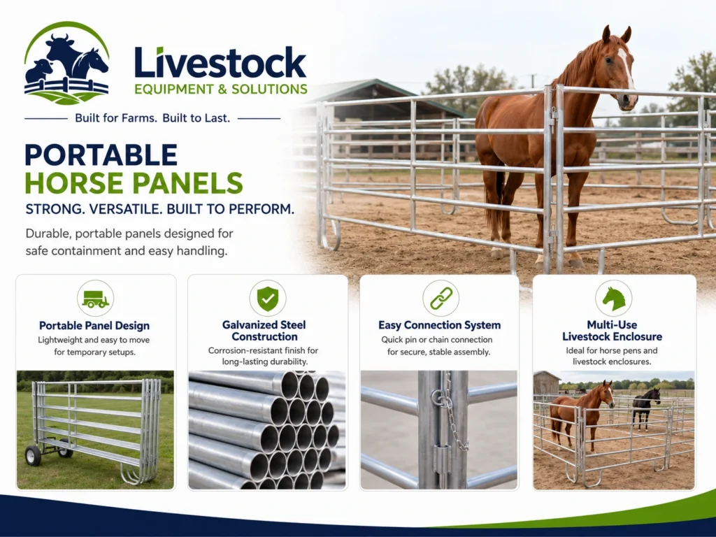 Portable horse panels feature infographic with galvanized steel and easy connection design