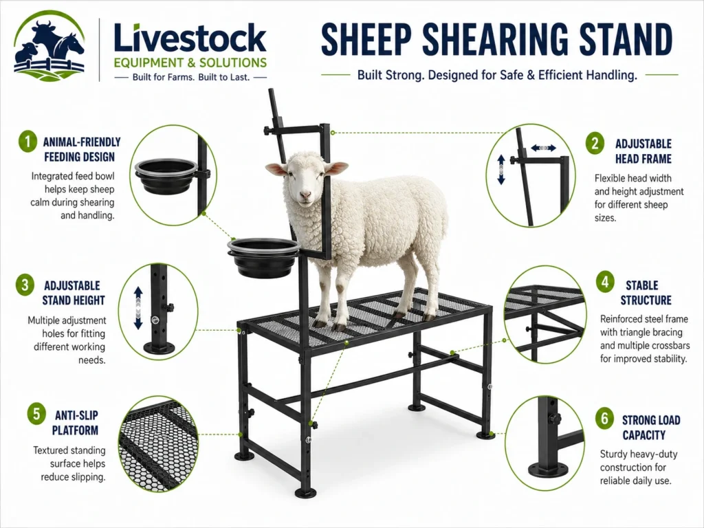 Sheep shearing stand features with adjustable headpiece feeding bucket anti-slip platform and reinforced frame