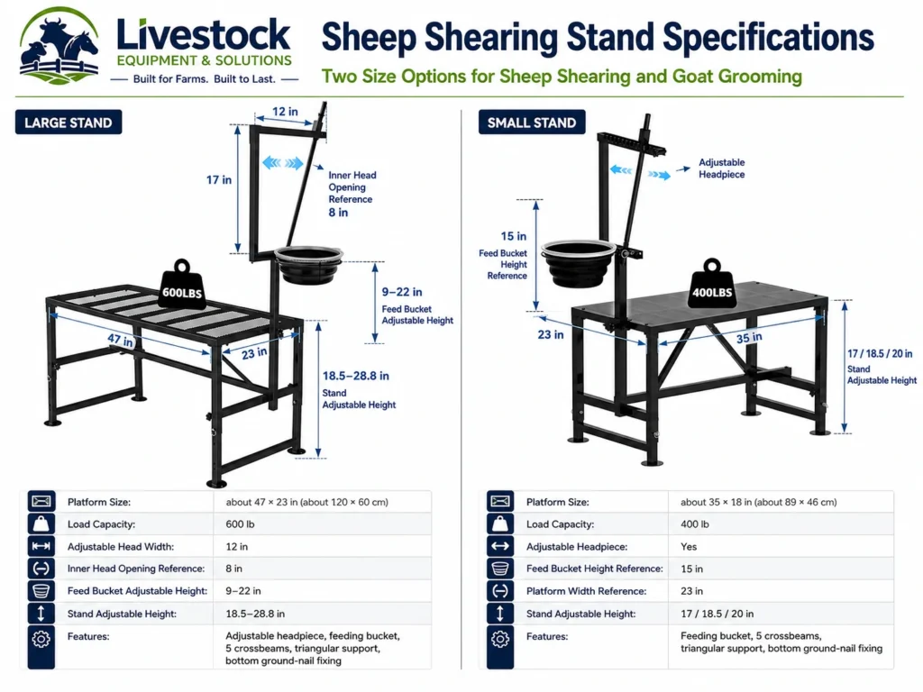 Sheep shearing stand specifications with 47 inch and 35 inch size options adjustable headpiece and feeding bucket