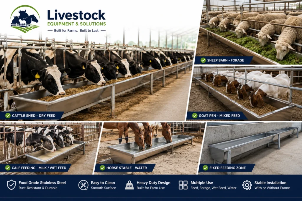 Stainless steel cattle feed trough used in cattle sheep goat and horse feeding areas