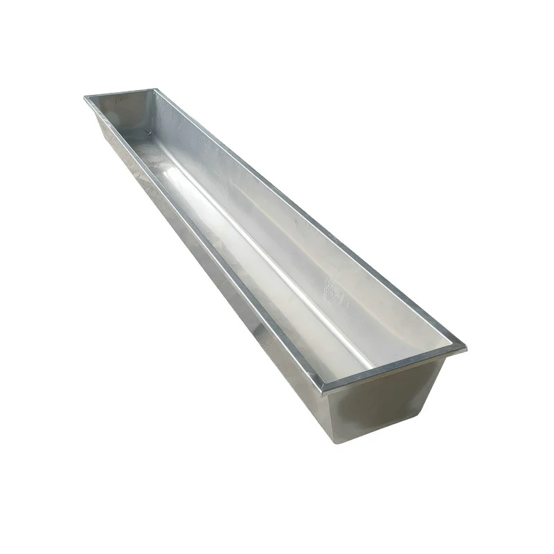 Stainless steel cattle feed trough with welded body and optional support frame for livestock farms