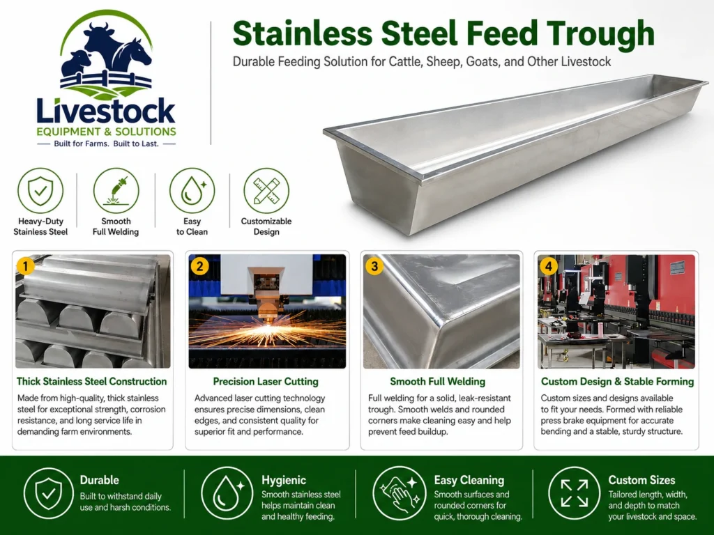 Stainless steel feed trough features with smooth edges full welding easy cleaning and custom support frame