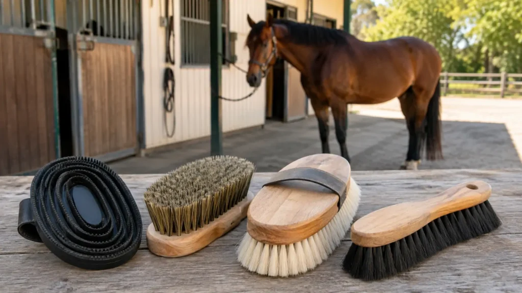 Essential horse grooming brushes including curry comb dandy brush body brush and mane tail brush