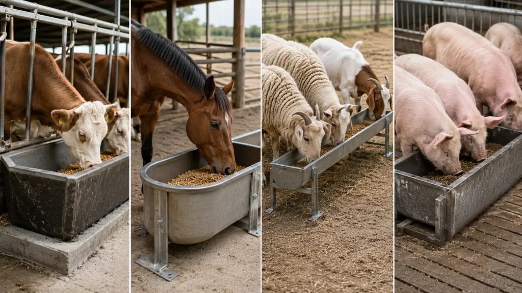 Feed trough size and design differences for cattle horses sheep goats and pigs
