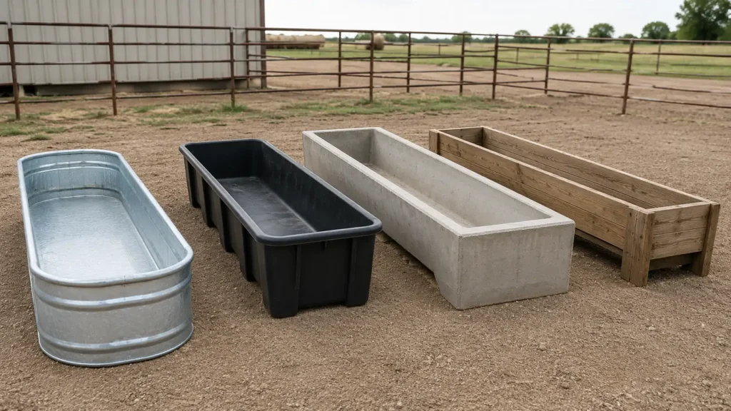 Galvanized steel plastic concrete and wooden livestock feed trough comparison