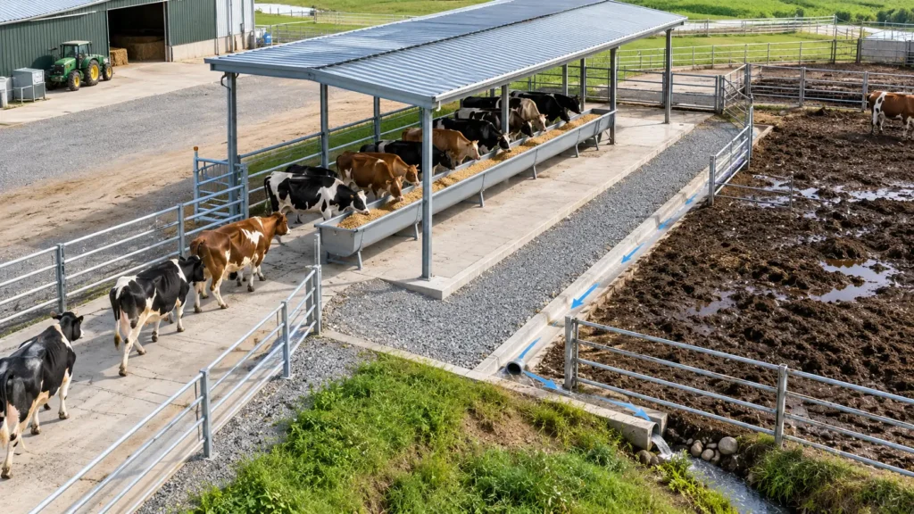 Correct livestock feed trough placement with drainage access shade and clean feeding area