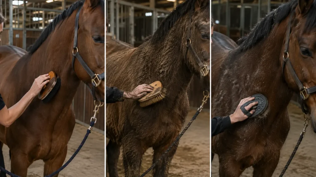 Horse brush selection for summer winter shedding and sensitive horse coats