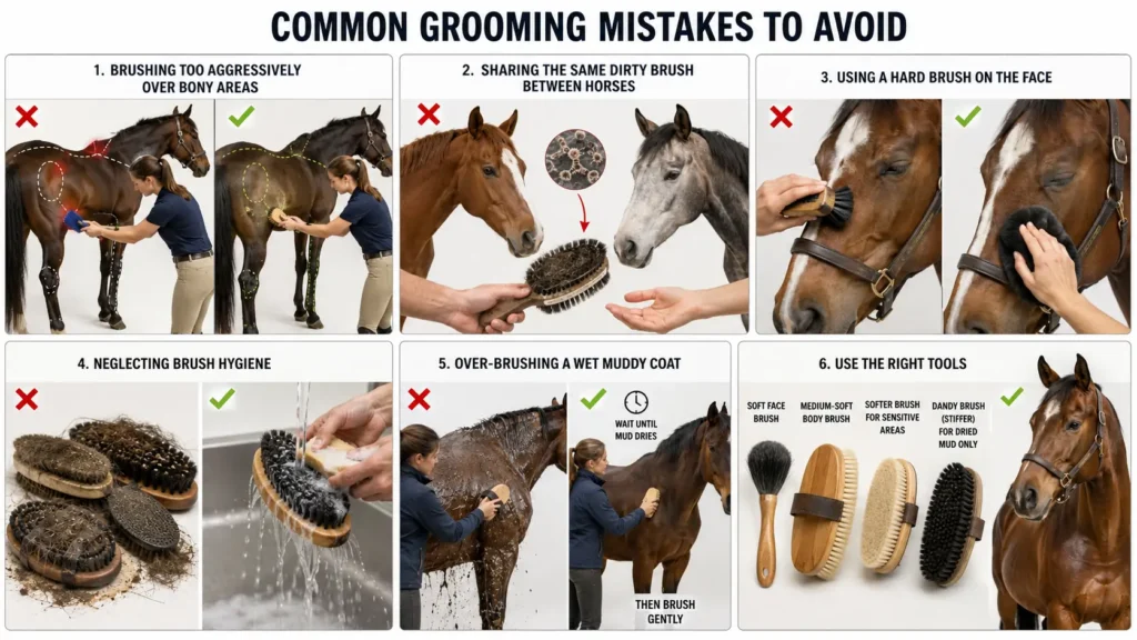 Correct horse grooming brush use on body face legs and sensitive areas