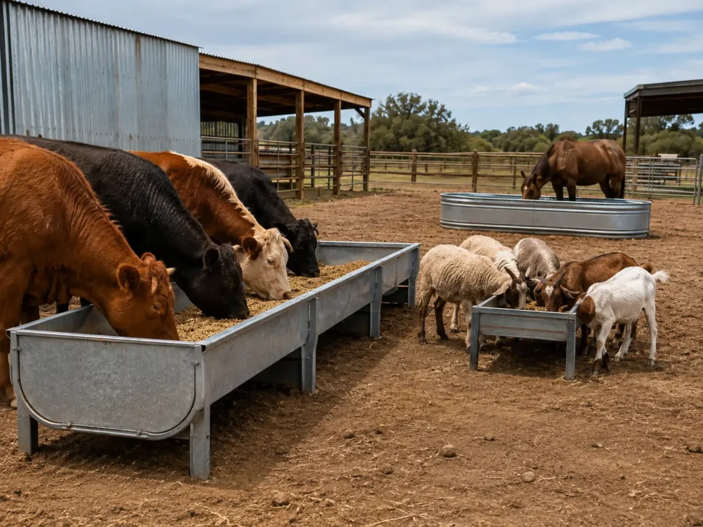 Livestock feed troughs used for cattle sheep goats and horses on a farm