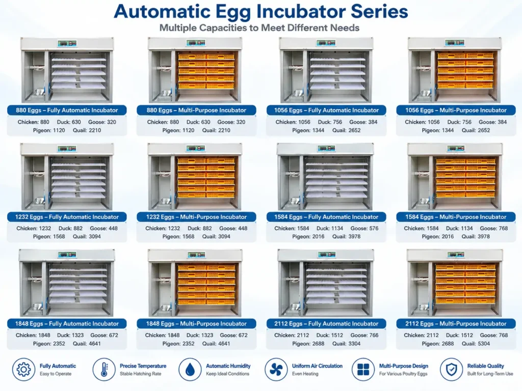 Poultry egg incubator capacity options from 80 to 6336 chicken eggs